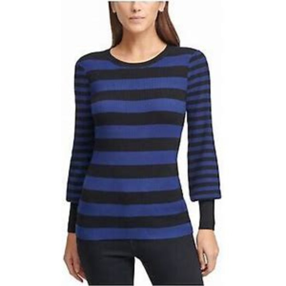 NWT DKNY Womens Black And Blue Striped Balloon Sleeve Scoop Neck Sweater XS